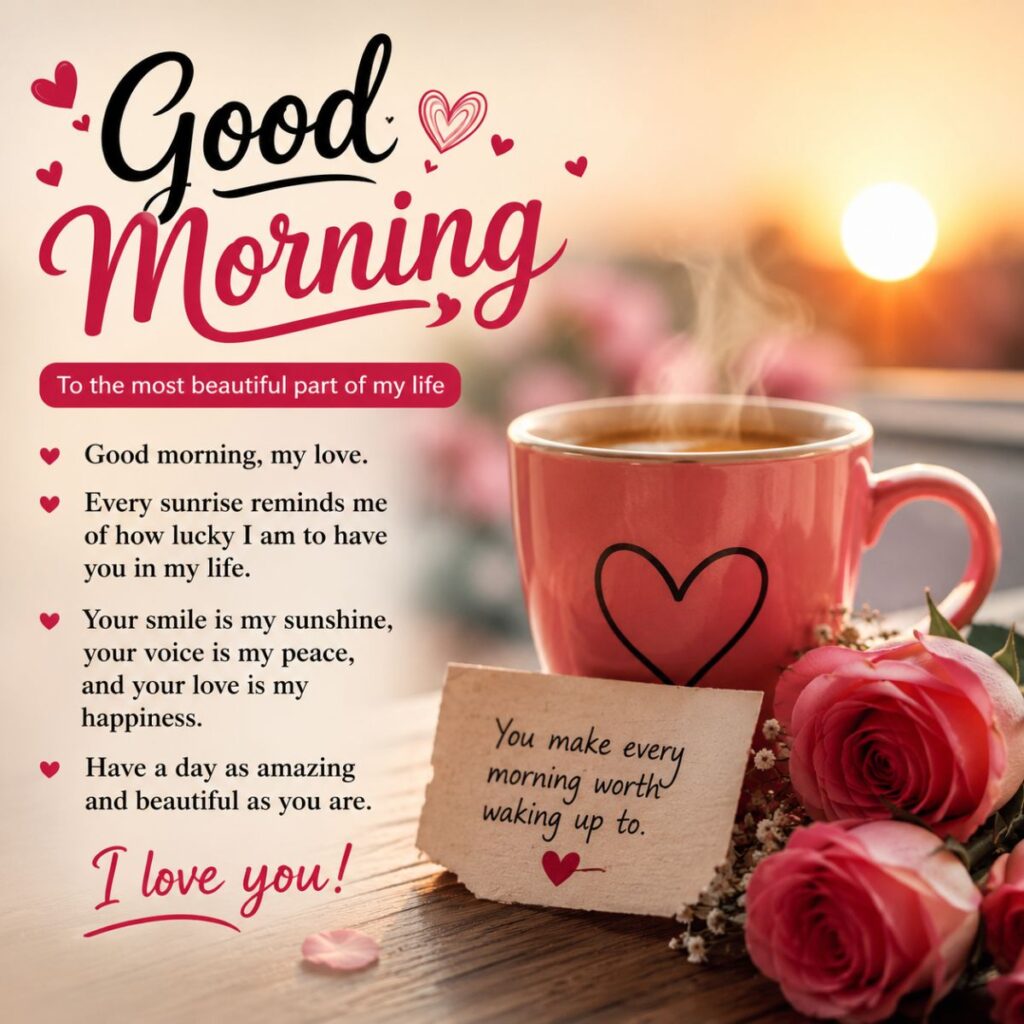 Romantic good morning message with roses, coffee, sunrise, and heartfelt love words to make her fall in love