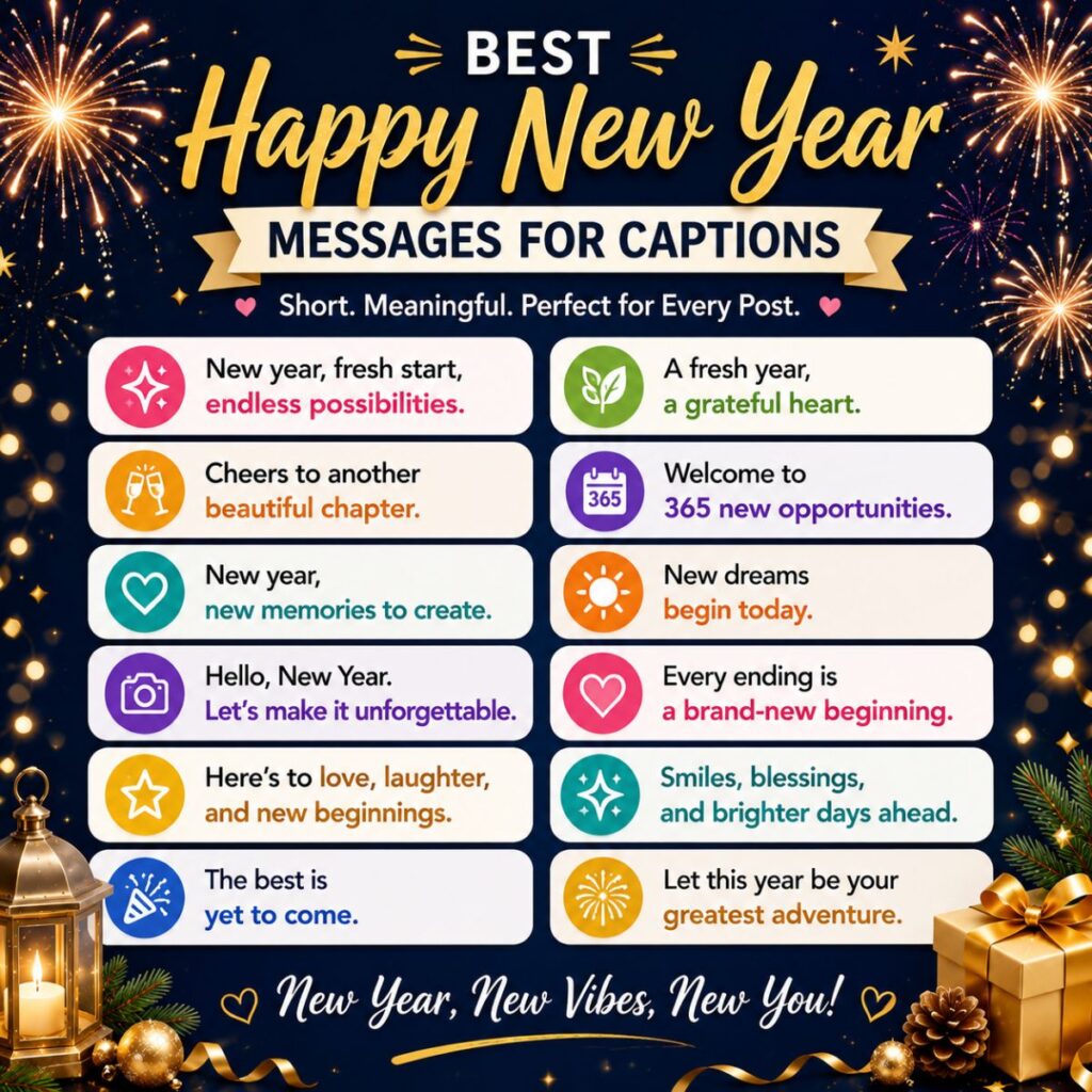 Best Happy New Year messages for captions with festive fireworks, gifts, and short wishes for Instagram, Facebook, and social media.