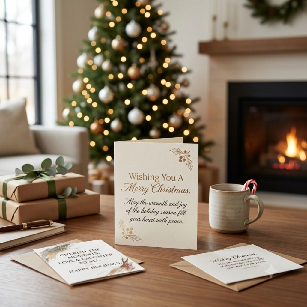 Elegant Christmas greeting card on a wooden table beside a hot drink with a fireplace and glowing tree behind it.