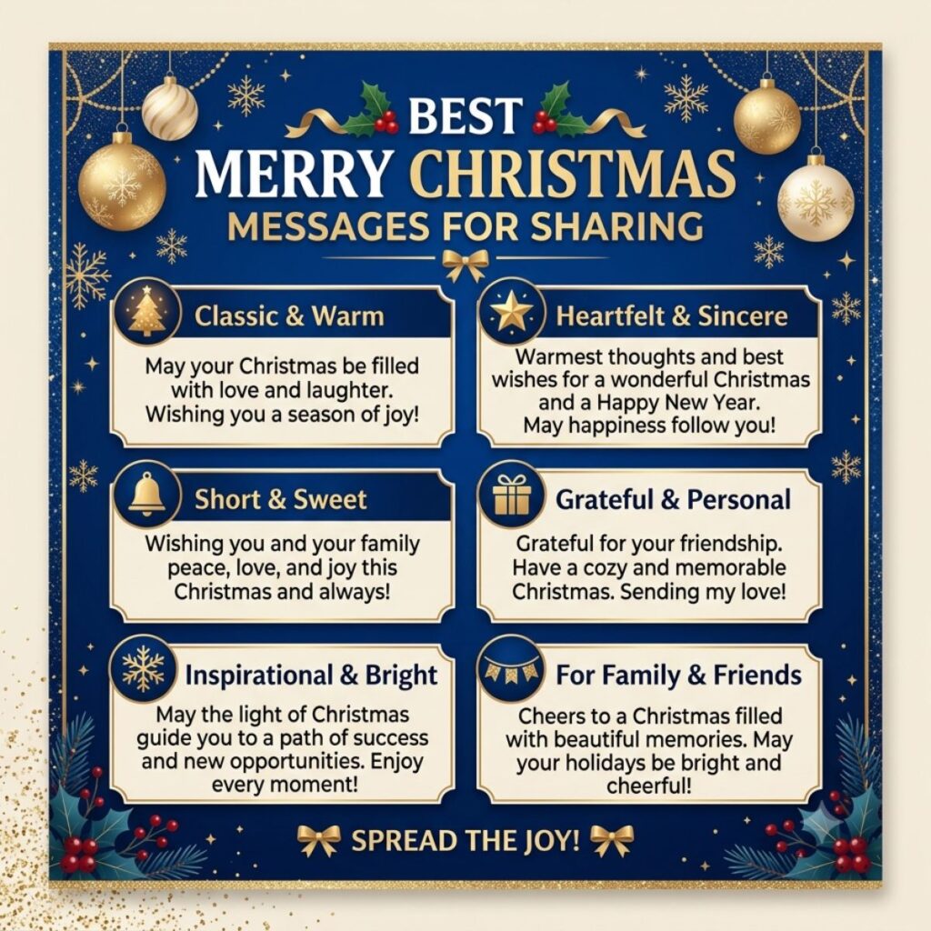 Infographic displaying best Merry Christmas messages for sharing with family and friends in a blue and gold design
