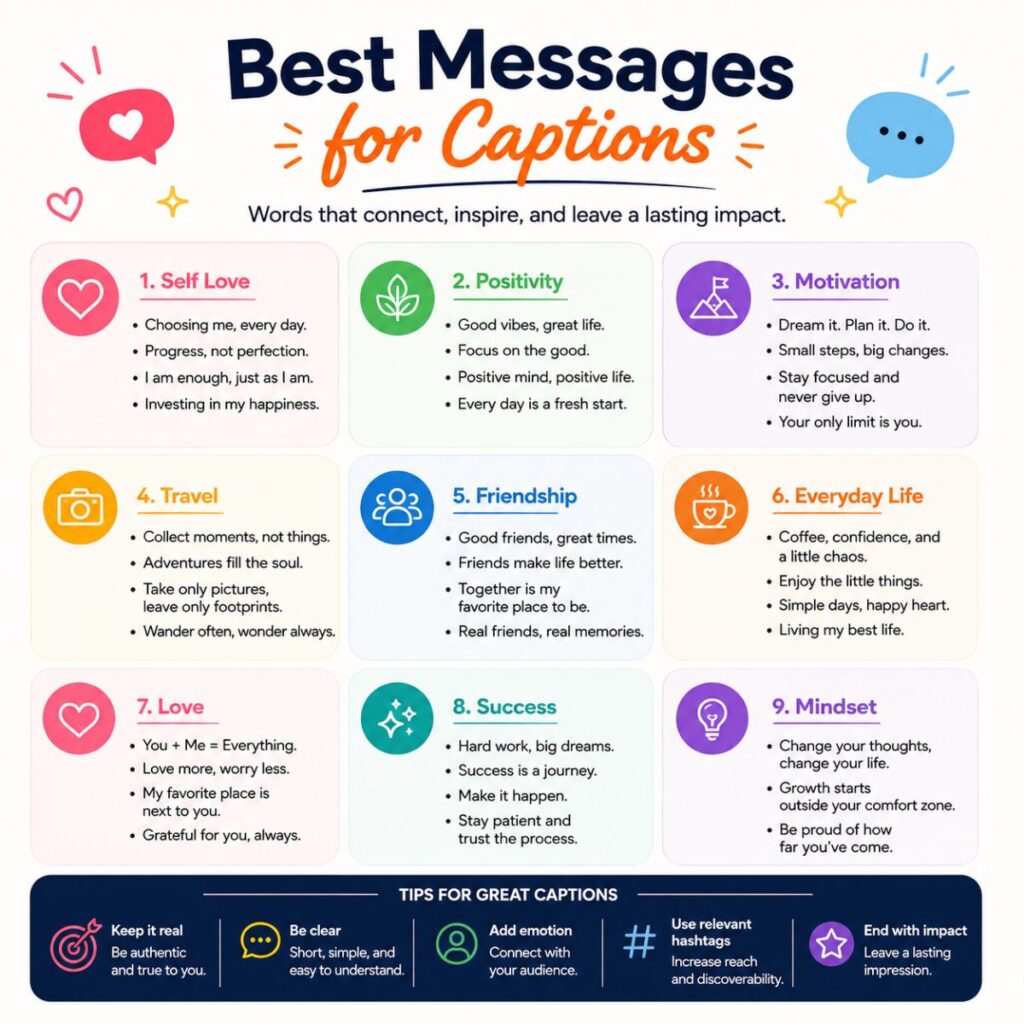 Best messages for captions infographic featuring inspiring caption ideas for love, travel, friendship, motivation, and success