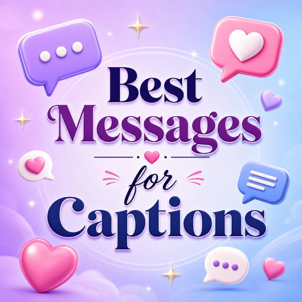 Best Messages for Captions graphic with 3D chat bubbles and hearts on a pastel purple gradient background.