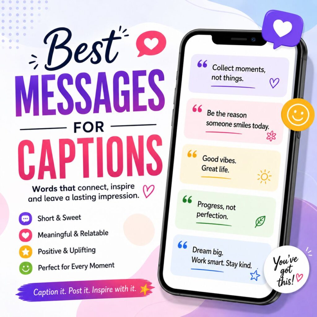 Best messages for captions infographic featuring inspirational caption ideas on a smartphone for social media posts