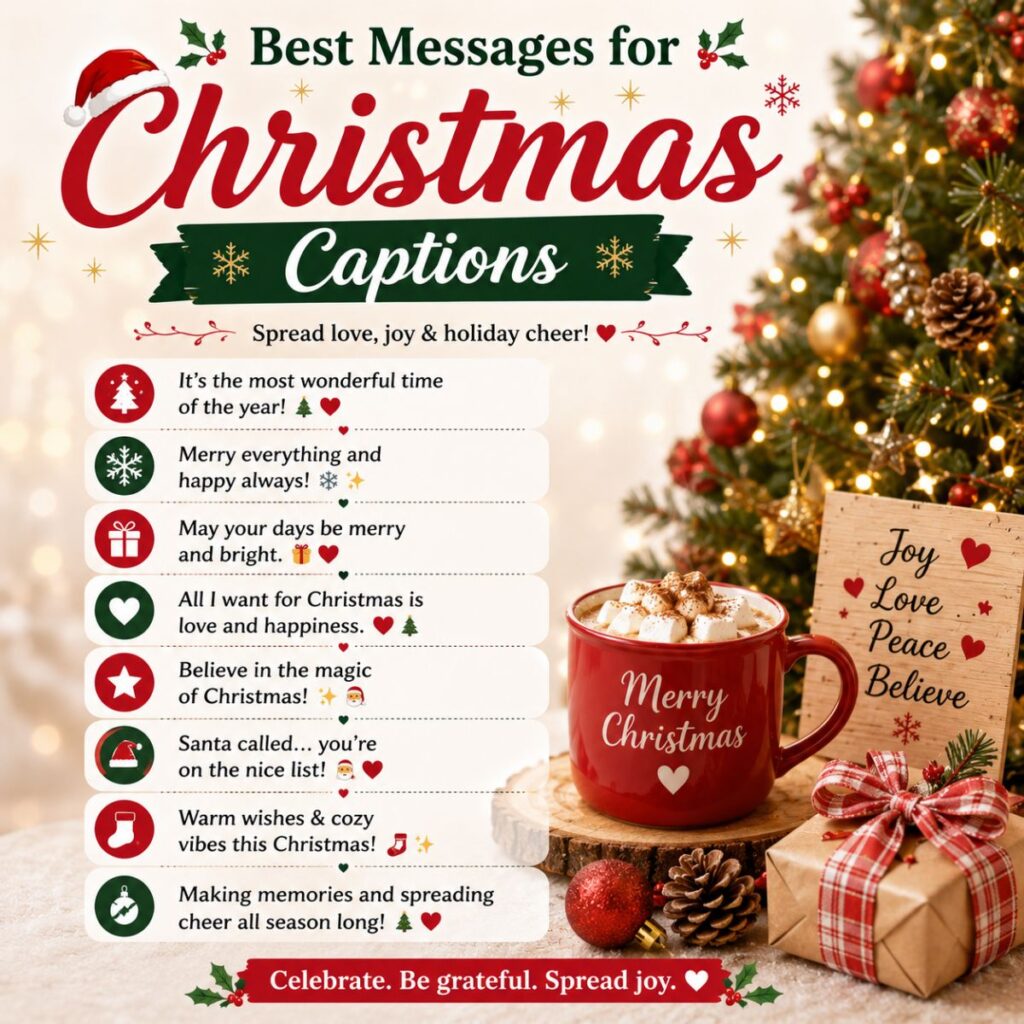 Best messages for Christmas captions with festive tree, hot cocoa, holiday gifts, and cheerful Christmas quotes