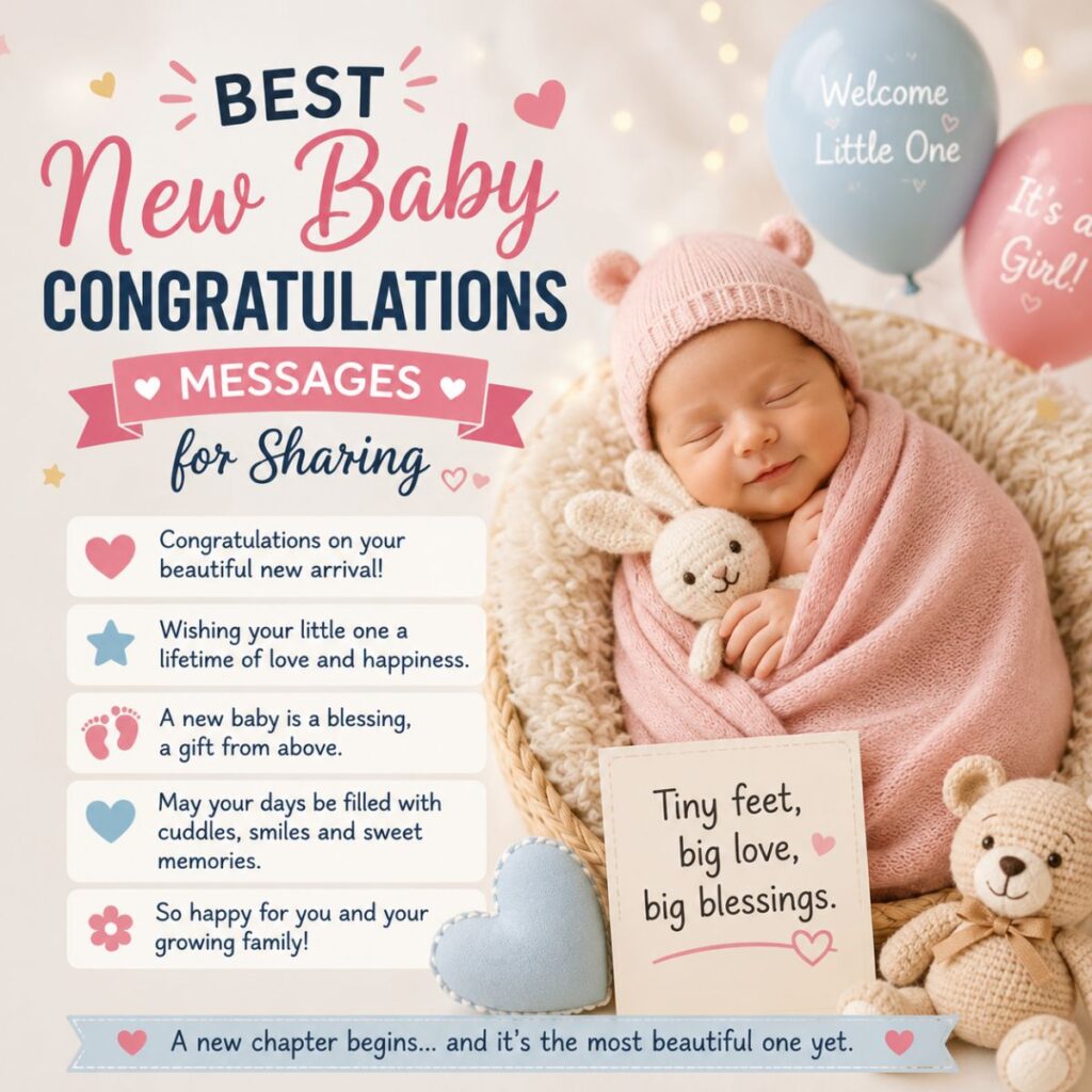 Best new baby congratulations messages for sharing with a sleeping newborn, teddy bear, balloons, and heartfelt wishes