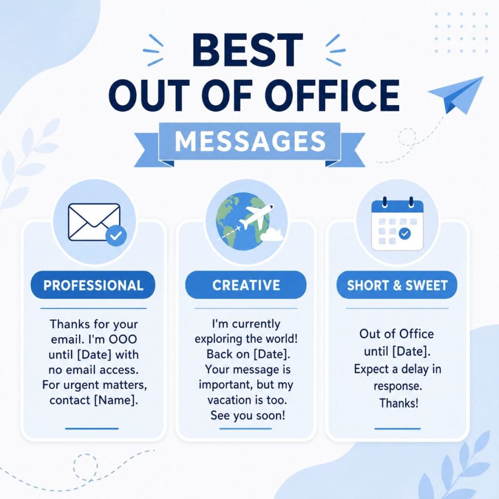 Infographic of best out of office message examples including professional, creative, and short email templates.