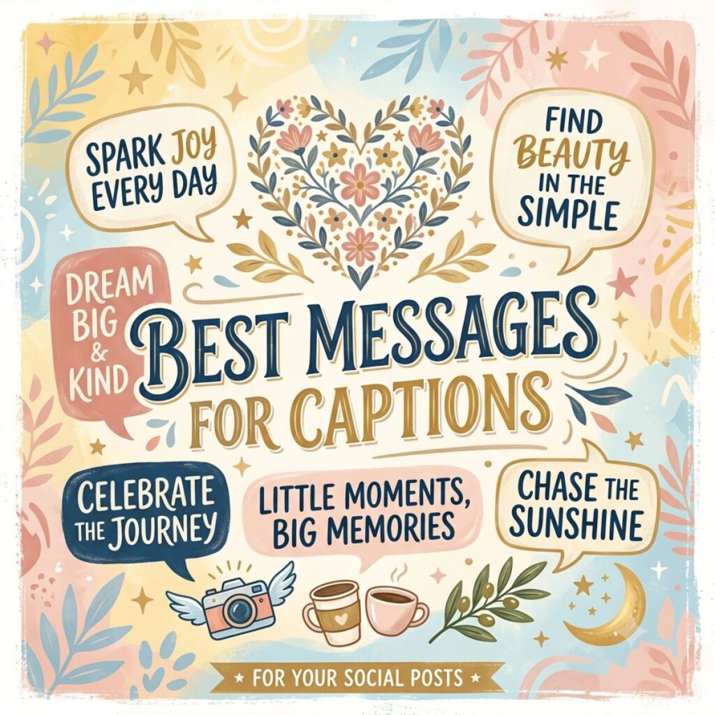 Colorful hand-drawn graphic with social media caption ideas like Spark Joy and Celebrate the Journey in speech bubbles.
