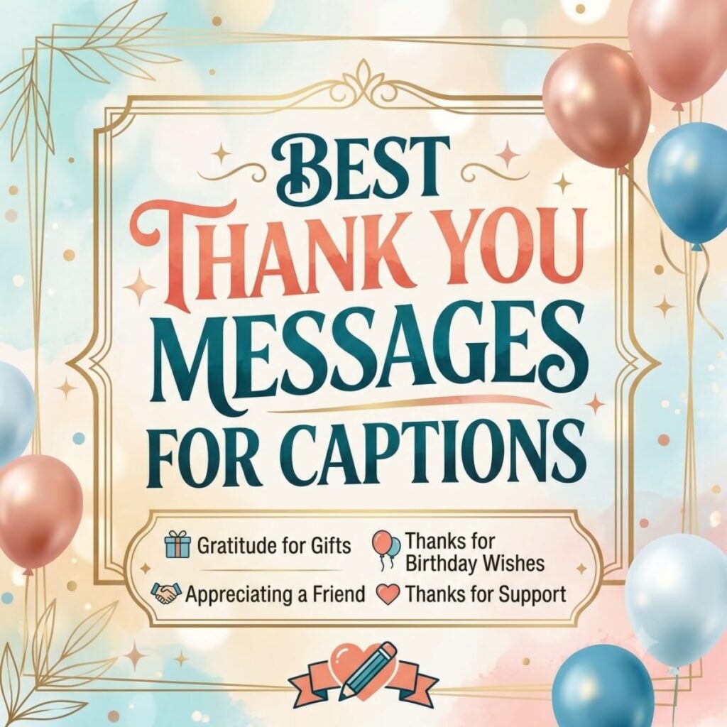 Elegant graphic featuring best thank you messages for captions surrounded by festive balloons and gold borders.