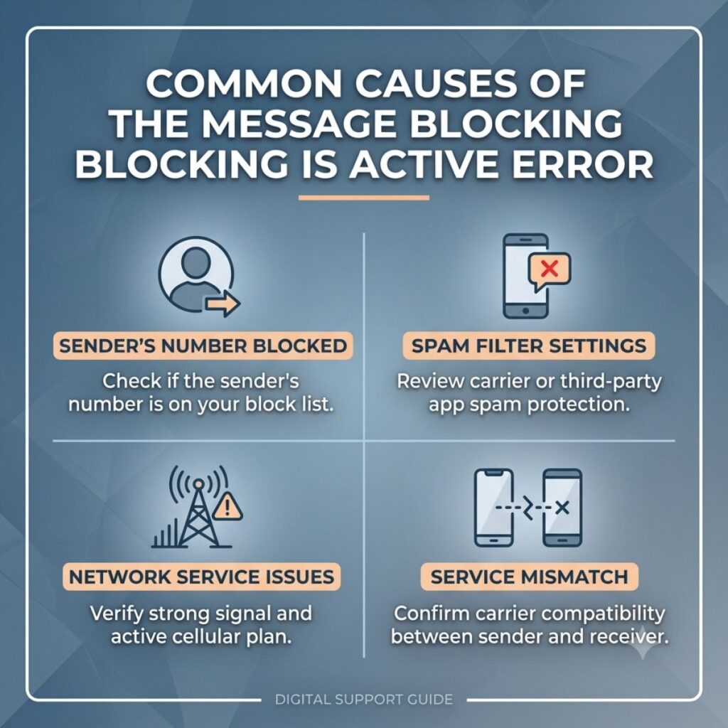 Infographic showing common causes of the message blocking is active error on mobile phones.