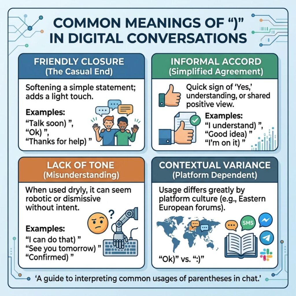 Infographic explaining common meanings and tone nuances of using a closing parenthesis in digital messages.