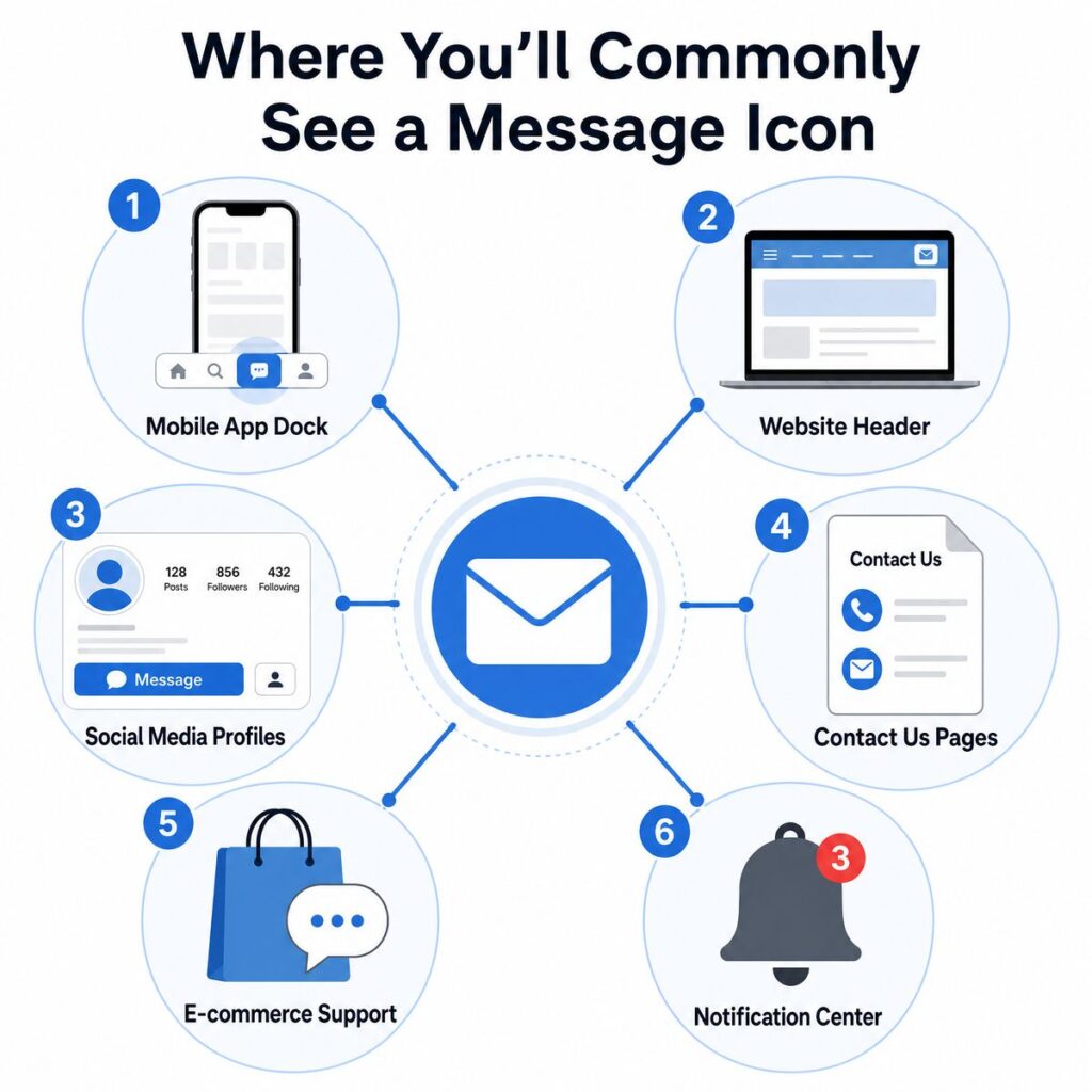 Infographic showing 6 common locations for message icons like mobile app docks, headers, and social media profiles.