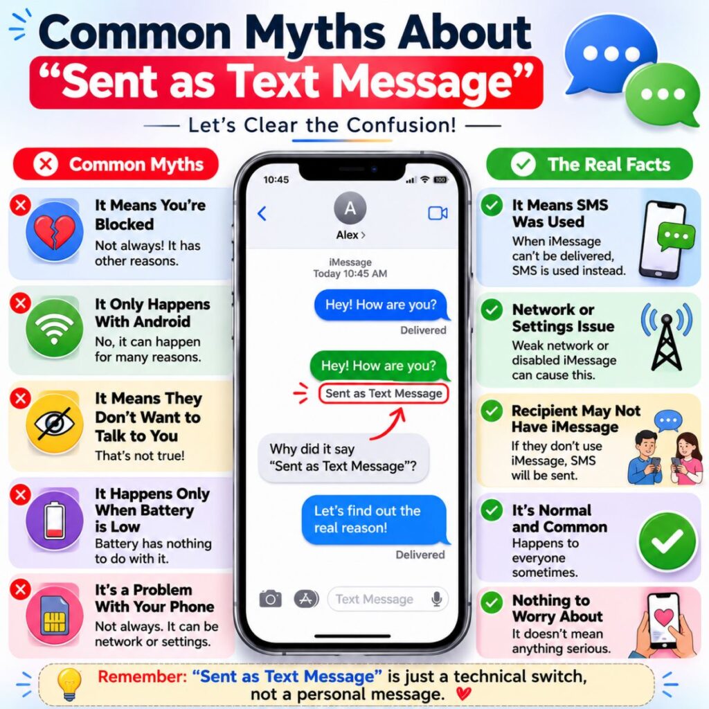 Common myths about sent as text message explained with iPhone chat screen, SMS facts, and myth vs fact infographic.