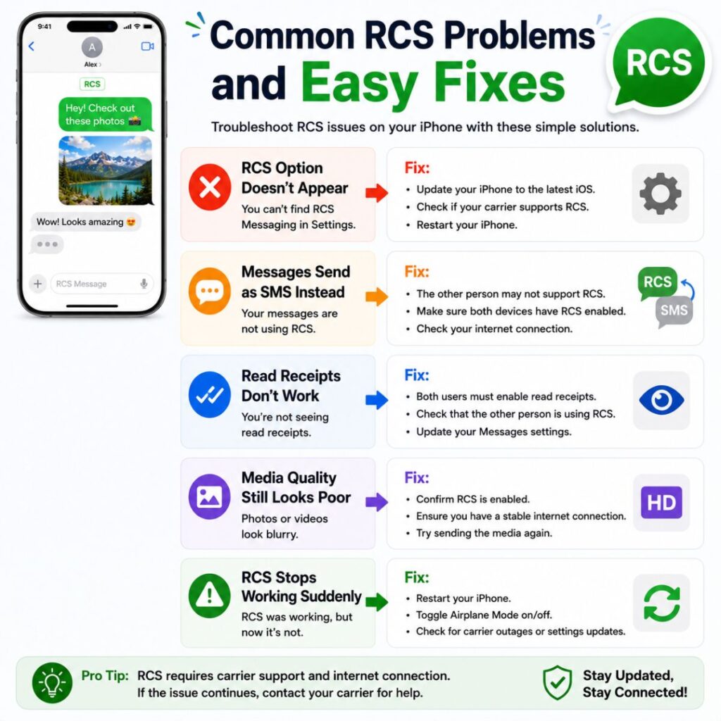 Common RCS problems and easy fixes infographic with iPhone troubleshooting tips for messaging issues