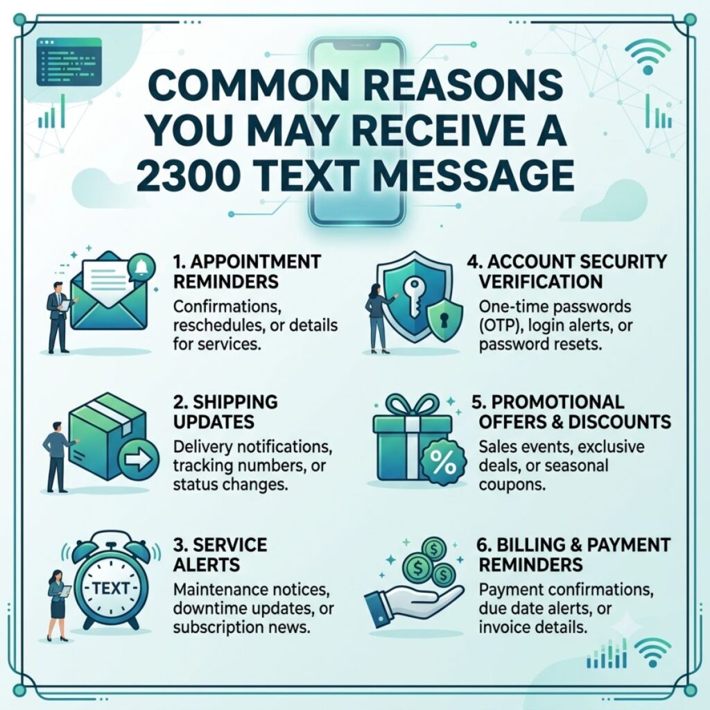 Infographic listing six common reasons for receiving a 2300 text message, like reminders and security alerts.