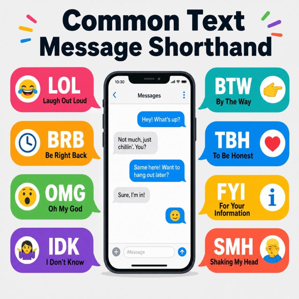 Infographic showing common text message shorthand like LOL, BRB, and OMG with meanings on a colorful smartphone layout.