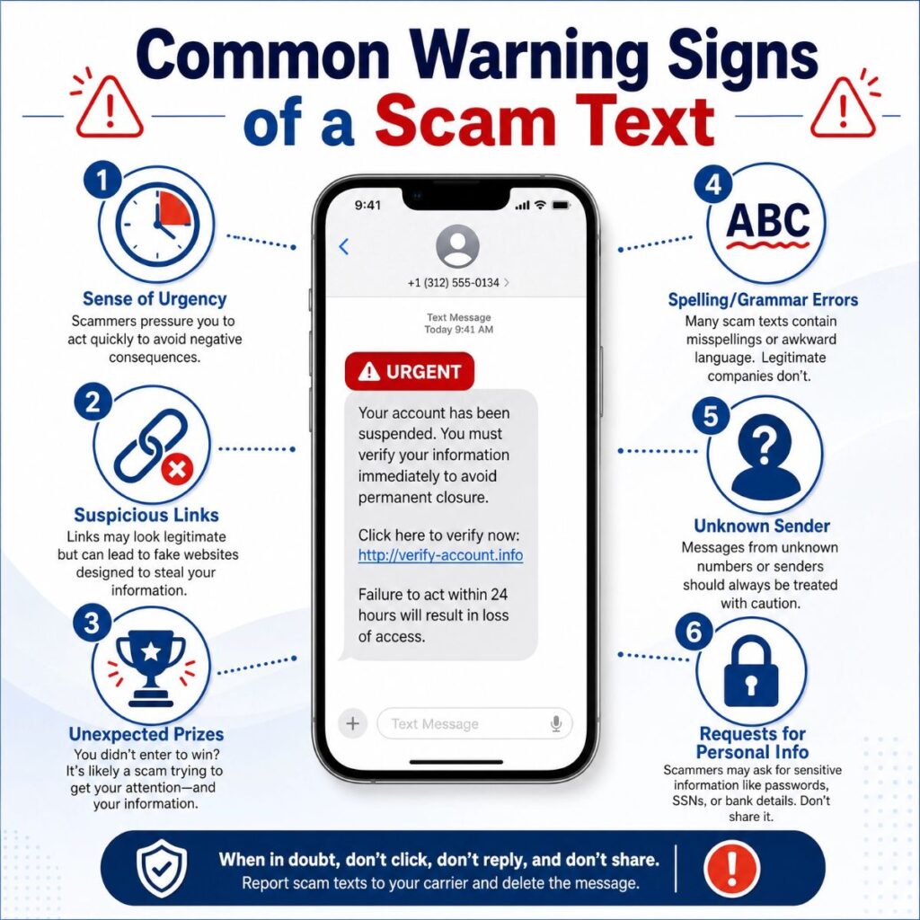 Infographic showing 6 common warning signs of scam texts, including suspicious links and urgent requests.