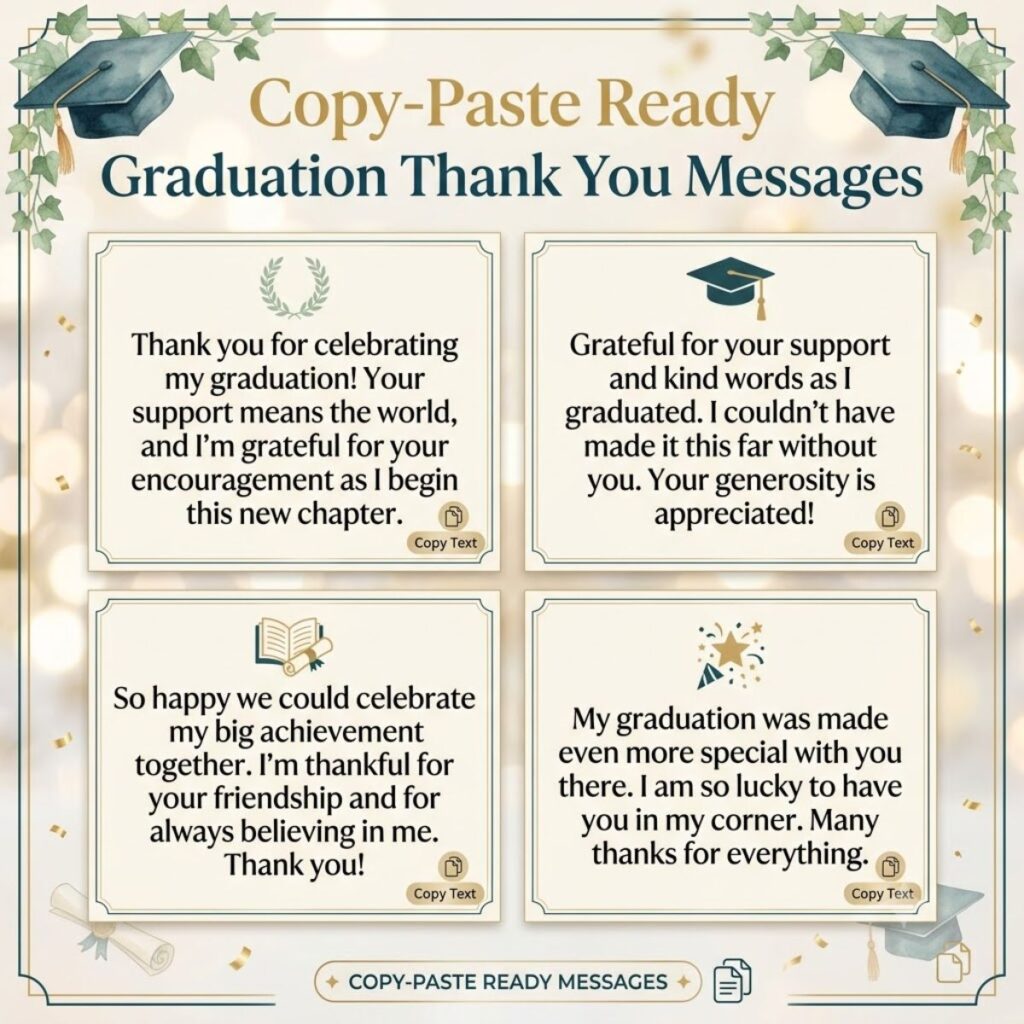 Copy-paste ready graduation thank you messages with graduation caps and elegant frame design.