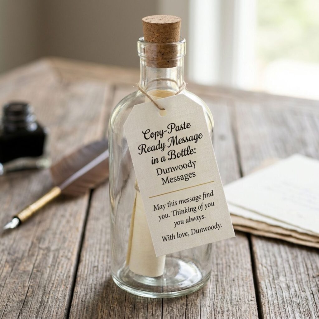 Message in a bottle with a custom paper tag on a rustic wooden table next to a vintage quill and inkwell.