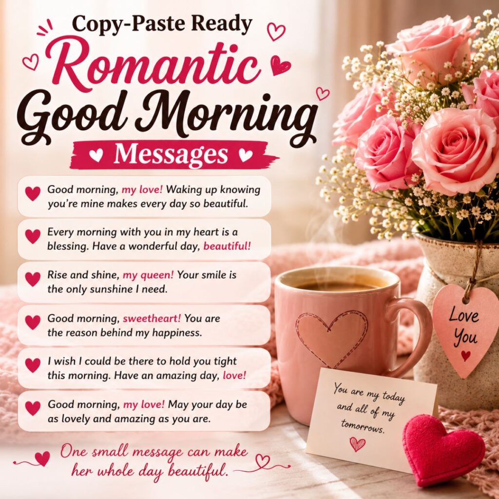 Copy-paste ready romantic good morning messages with roses, coffee mug, and sweet love notes for her