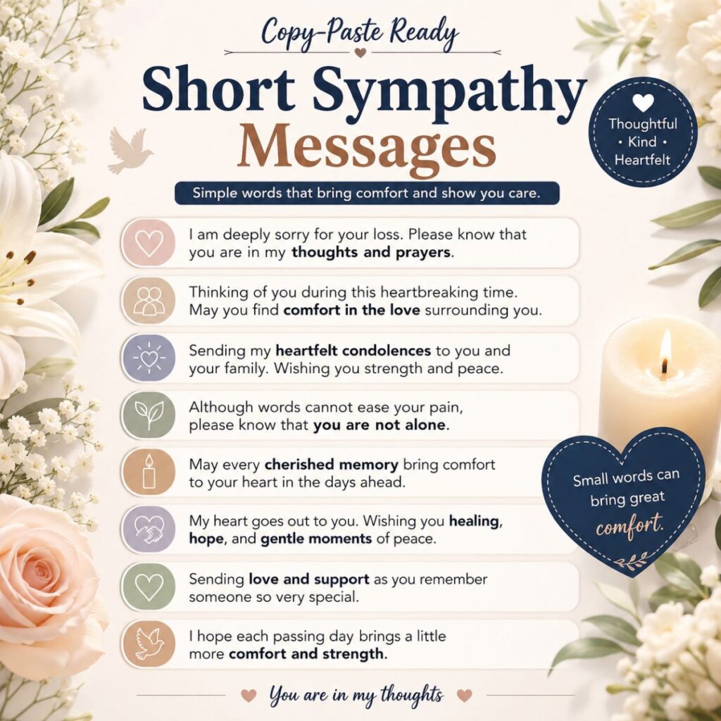 Copy-paste ready short sympathy messages with floral design, candle, and comforting quotes for condolence cards and texts.