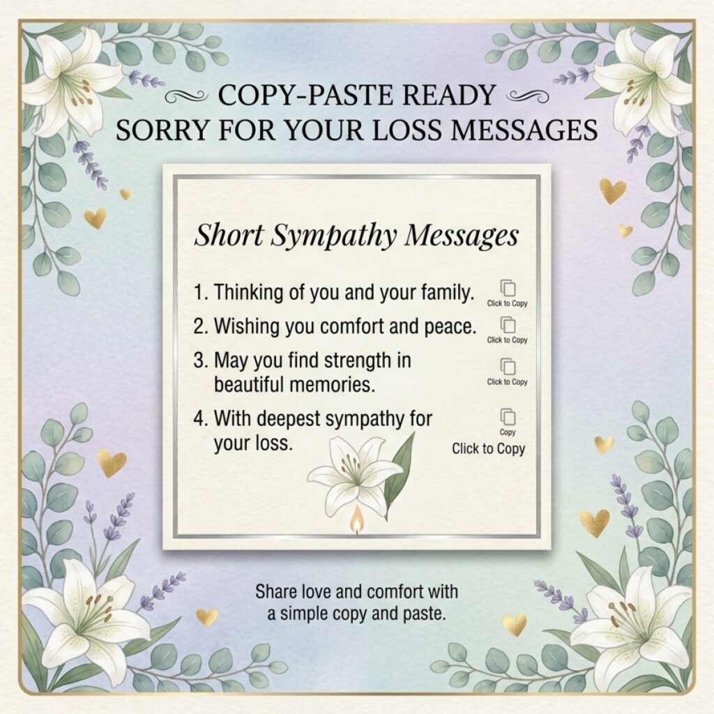 Square sympathy graphic featuring four short condolence messages bordered by elegant white lilies and eucalyptus leaves.