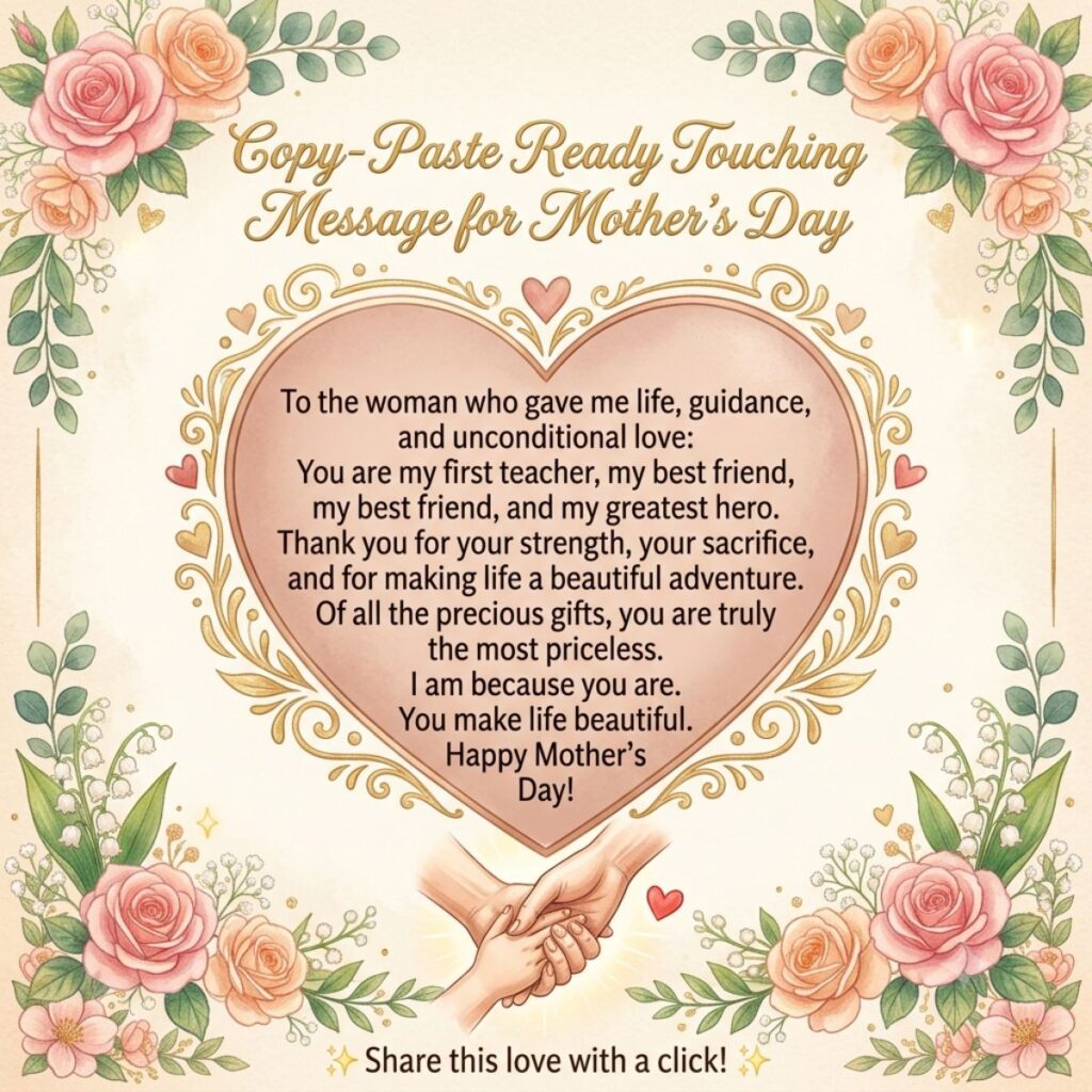 A square Mother's Day card featuring a large central heart, holding hands illustration, and elegant pink rose borders.