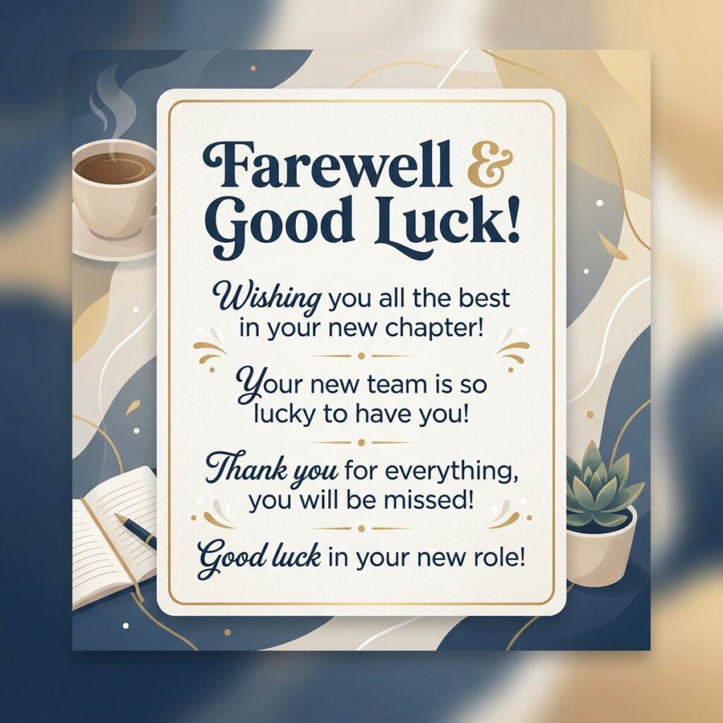  Farewell and good luck card for a coworker starting a new job with heartfelt messages and office-themed illustrations.