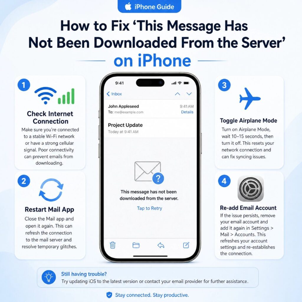 Infographic showing 4 steps to fix the iPhone "This Message Has Not Been Downloaded From the Server" error.
