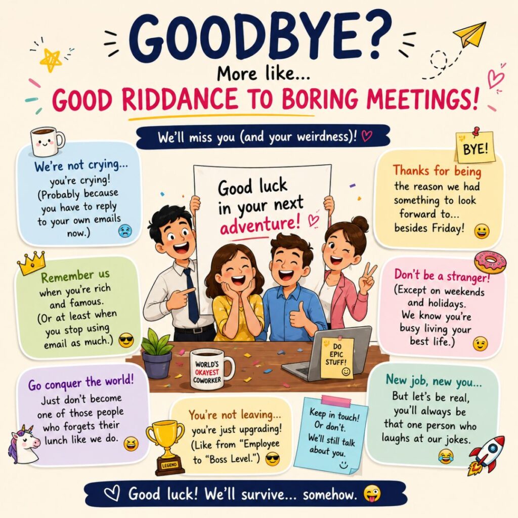 Funny farewell messages to coworker illustrated on a cheerful office goodbye card with humorous quotes and happy colleagues.