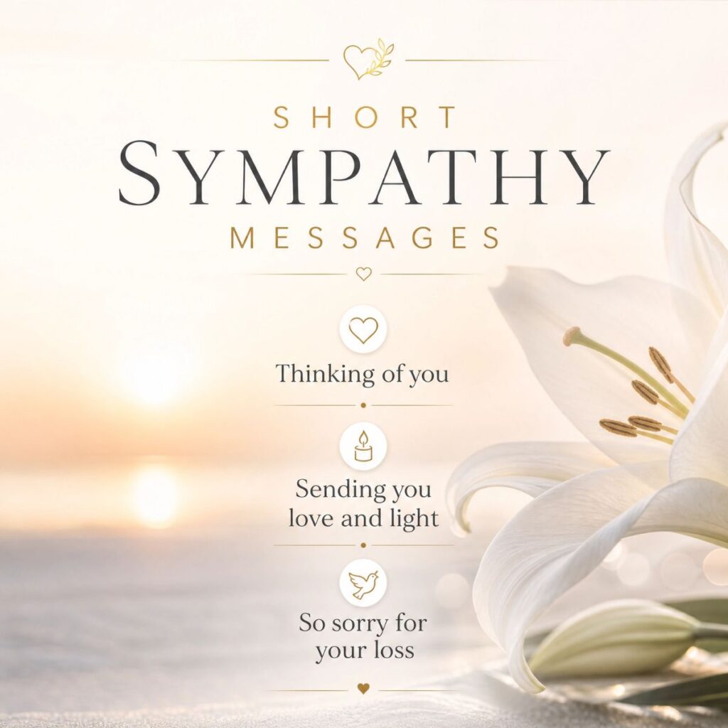  Elegant square graphic with short sympathy messages, featuring a white lily and a serene sunset background.
