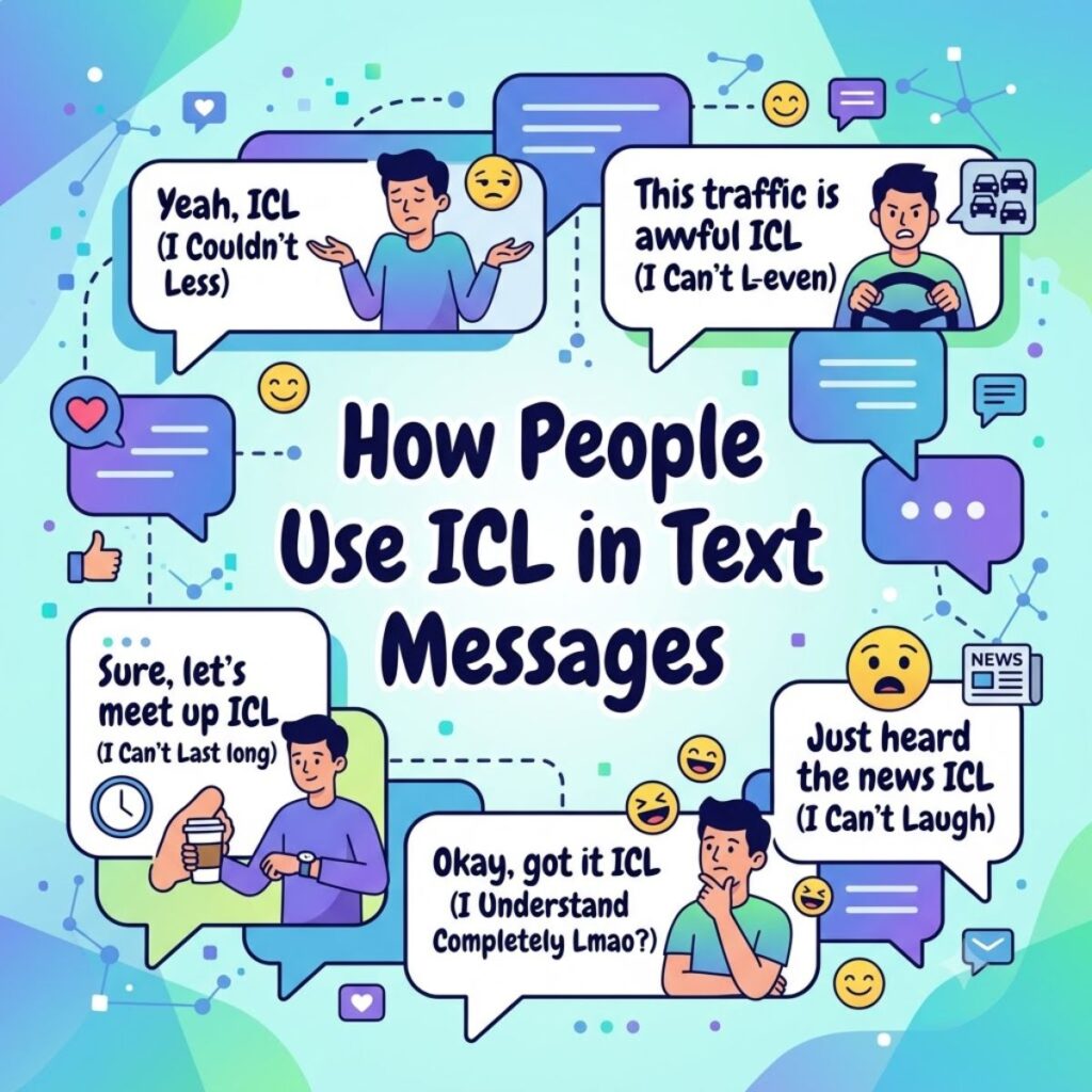 Graphic showing text message bubbles explaining the slang abbreviation ICL in casual texting contexts.