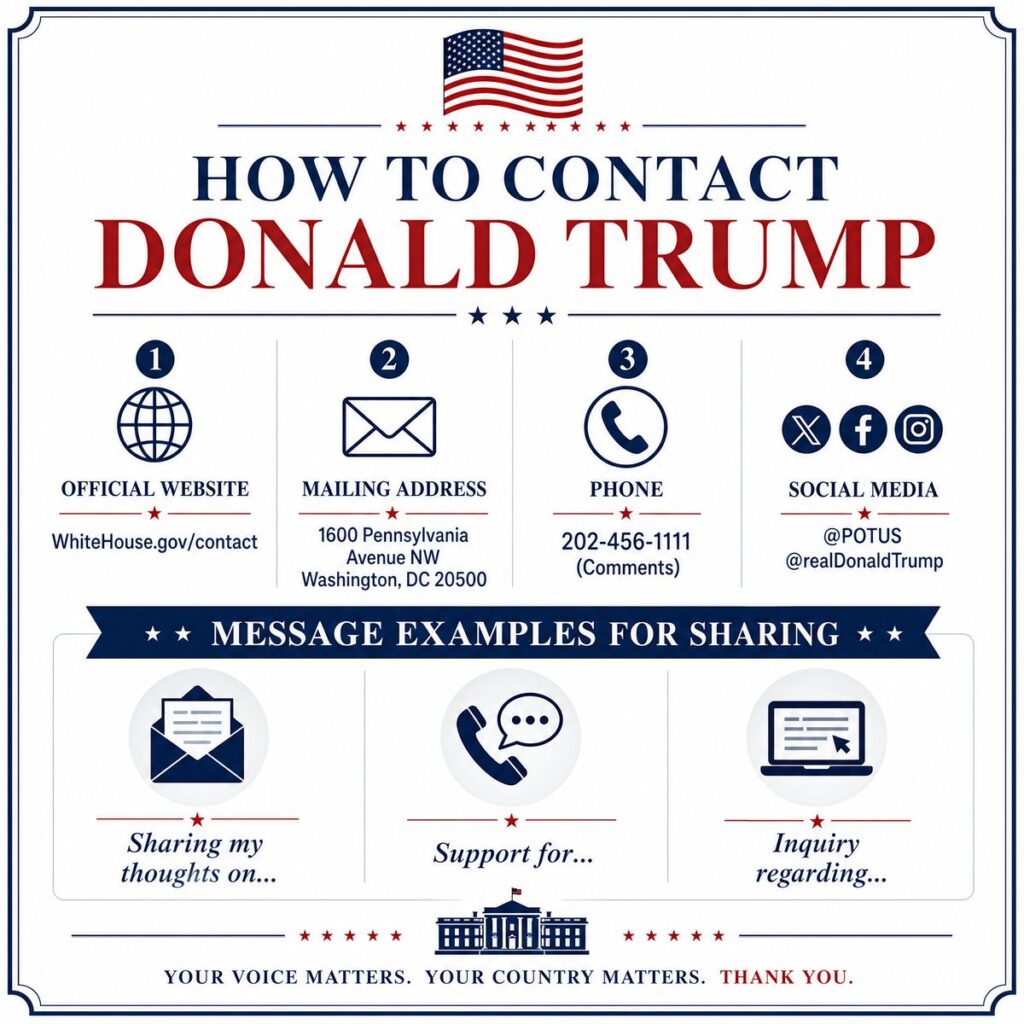 Infographic showing official ways to contact Donald Trump via website, mail, phone, and social media with message examples.