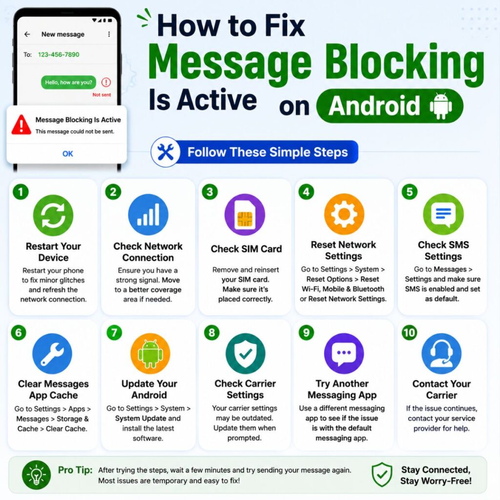How to fix Message Blocking Is Active on Android with step-by-step SMS troubleshooting infographic