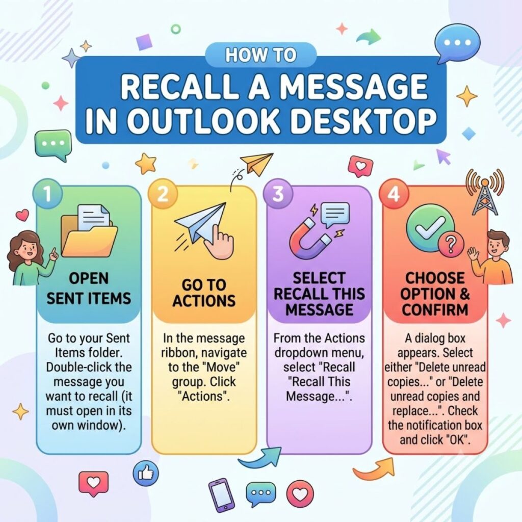 Infographic showing 4 steps to recall a sent email message in Microsoft Outlook Desktop.