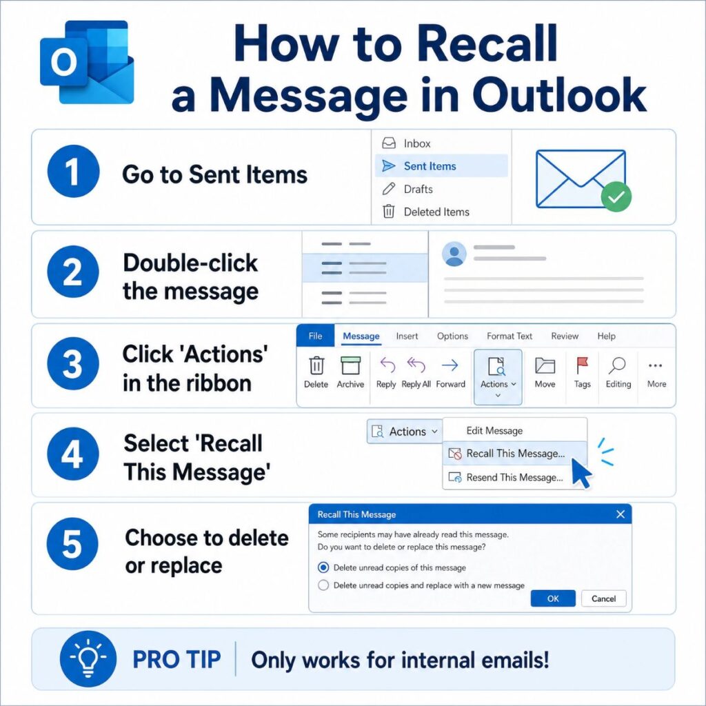 Step-by-step infographic guide on how to recall or replace a sent email message in Microsoft Outlook.