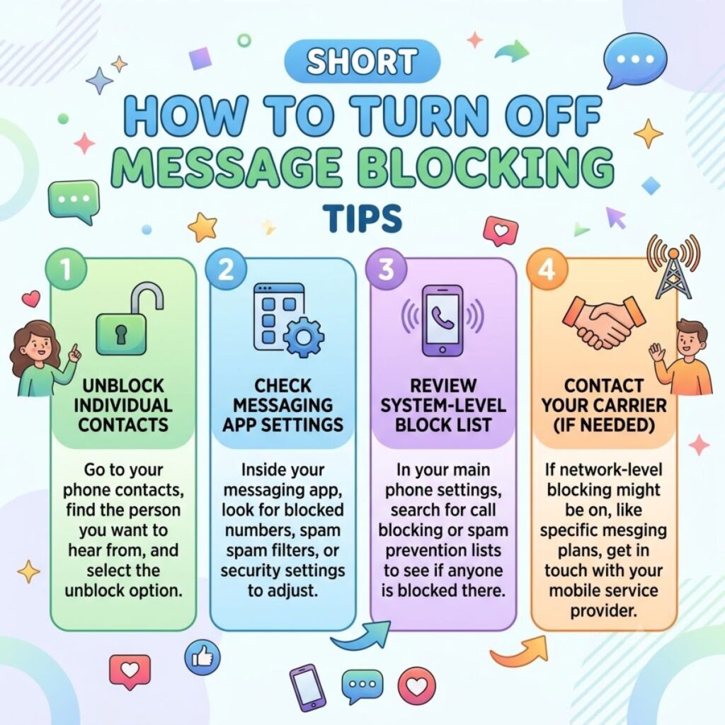 Infographic guide showing 4 tips on how to turn off message blocking on smartphones.