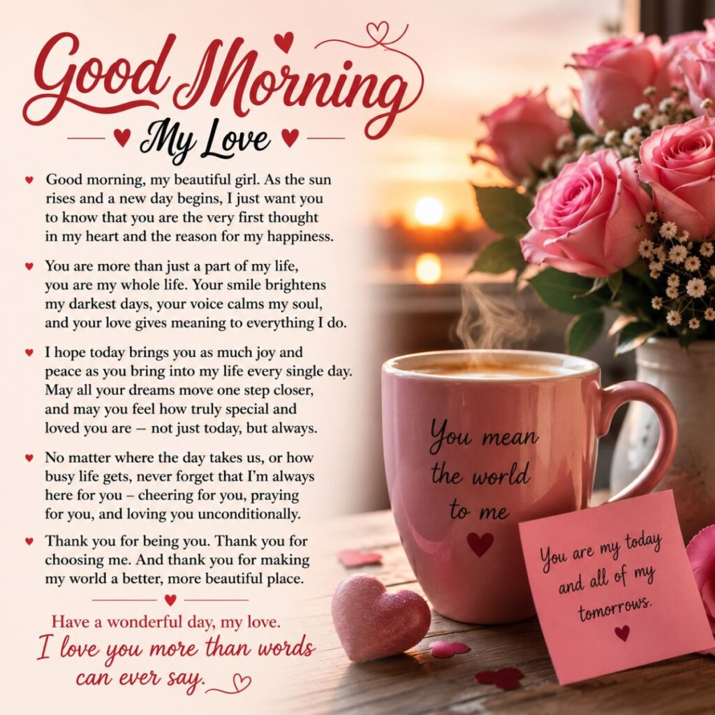 Long good morning message for her with roses, coffee, sunrise, and romantic love note to make her feel deeply loved