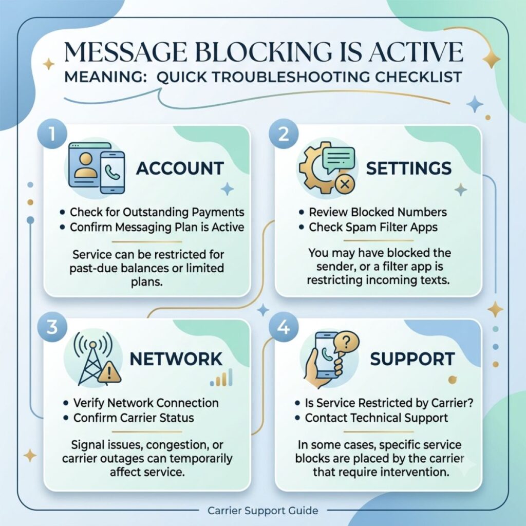 Troubleshooting checklist infographic for resolving the message blocking is active phone error.