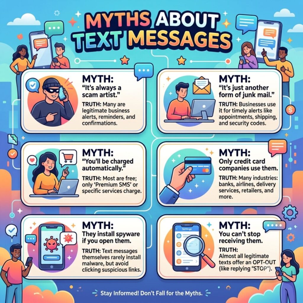 Infographic debunking common myths about text messages, scam alerts, charges, spyware, and opt-out truths.