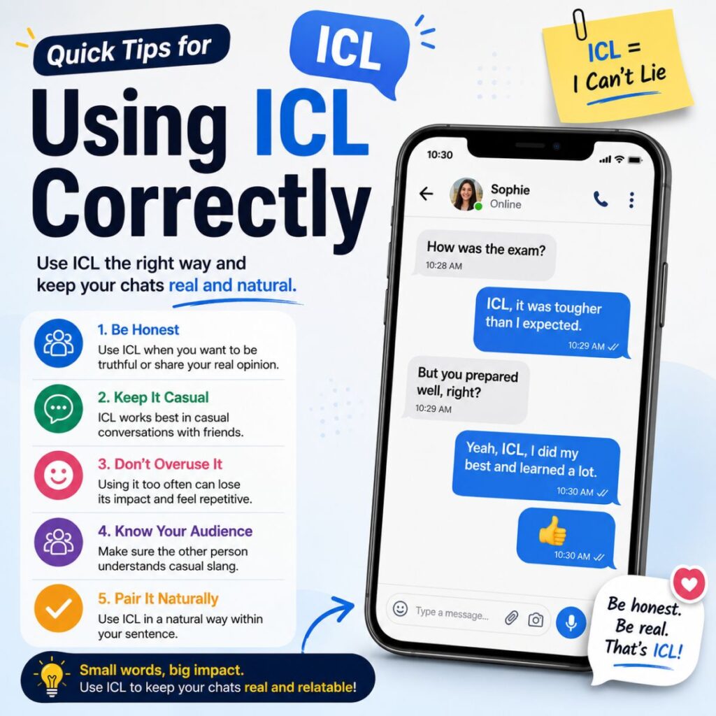 Quick tips for using ICL correctly in text messages with chat examples and simple slang usage guide
