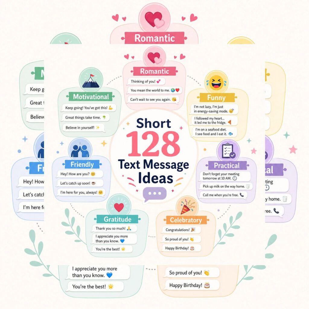 128 short text message ideas infographic with romantic, funny, and motivational categories for daily connection.