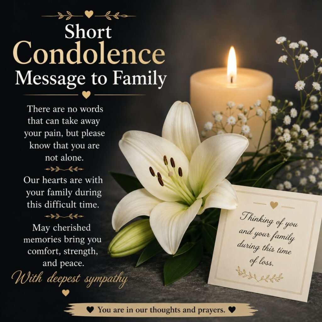Short condolence message to family with candle, white lily, and sympathy card expressing heartfelt comfort and support.