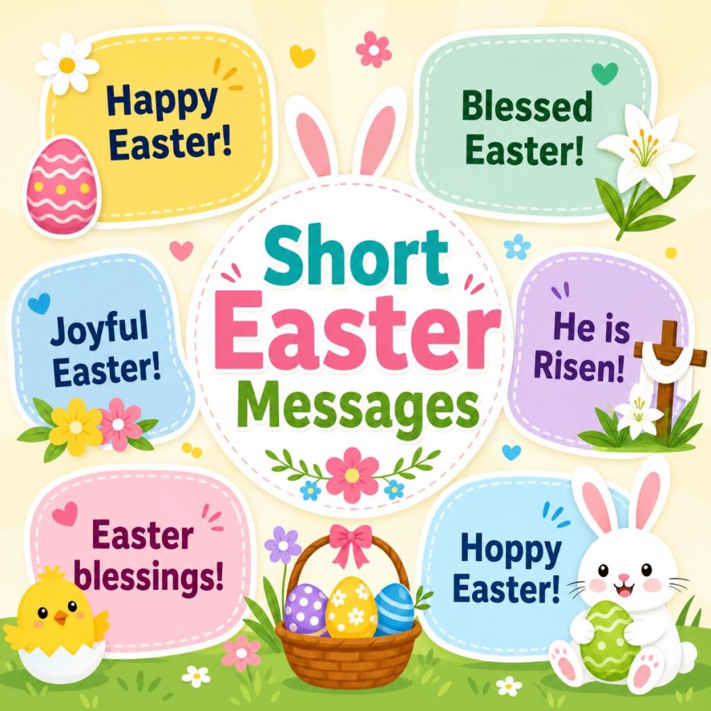 Cheerful infographic with short Easter messages, featuring a bunny, chick, decorated eggs, and spring flowers.