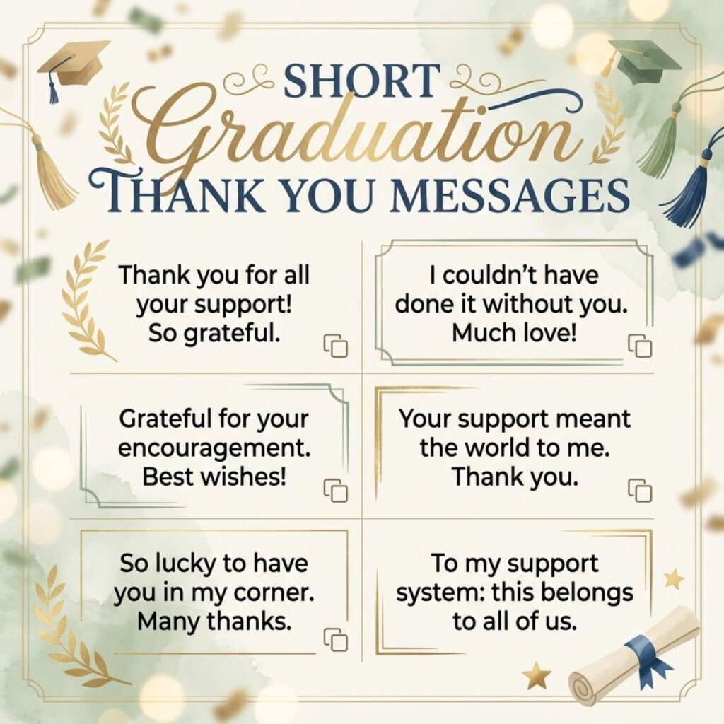 Infographic displaying short graduation thank you messages with graduation cap and diploma illustrations