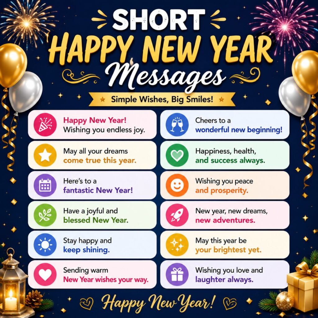 Short Happy New Year messages with festive fireworks, balloons, and cheerful wishes for cards, texts, and social media.