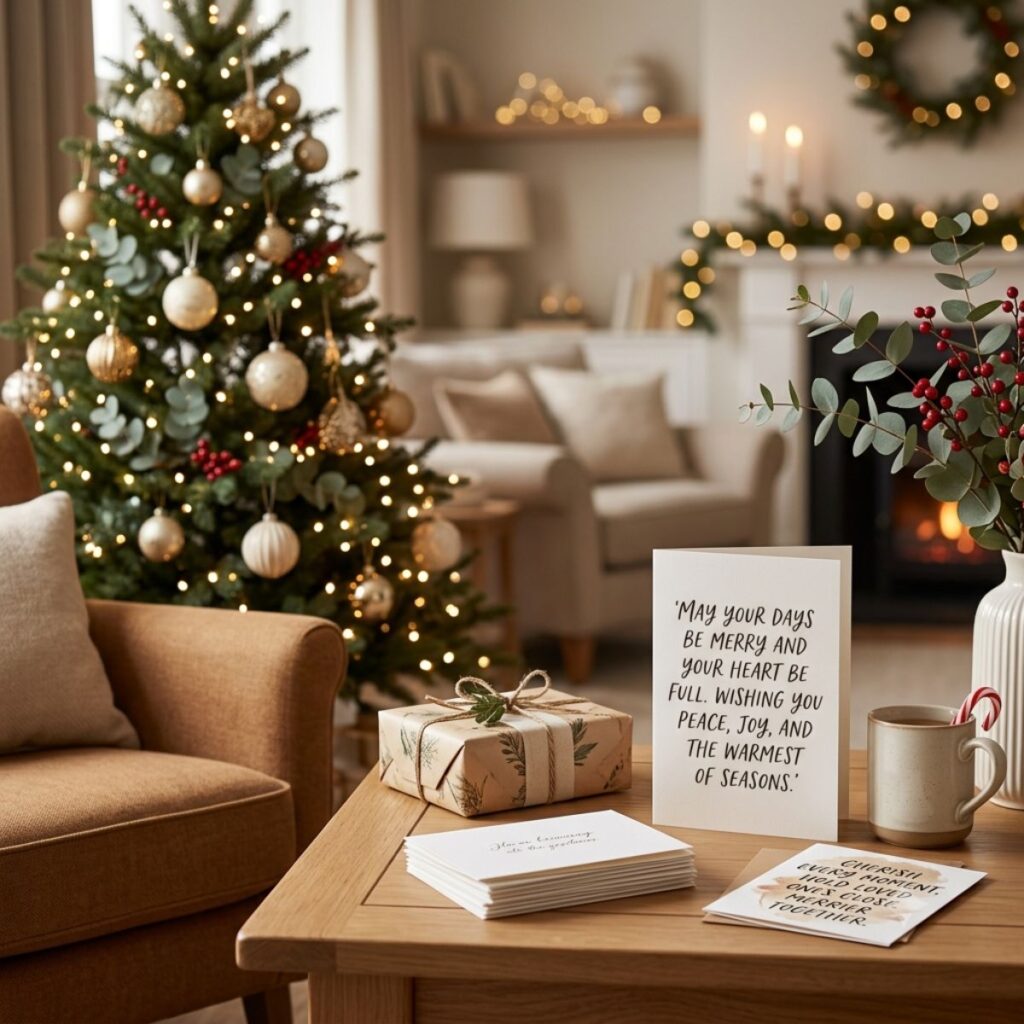 Christmas greeting card with heartwarming message on a table in a cozy holiday living room with a glowing tree.