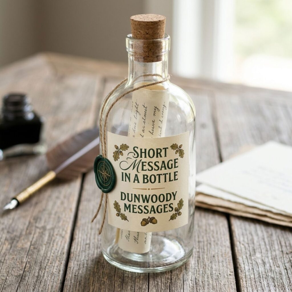 Vintage glass message in a bottle with Dunwoody Messages custom label on a rustic wooden table with quill and ink.