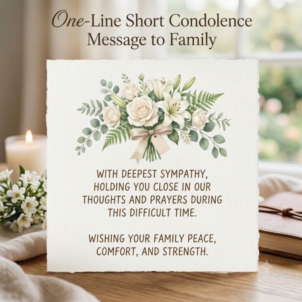  Condolence card with white lilies, roses, and sympathy messages on a peaceful wooden background. (104 characters)