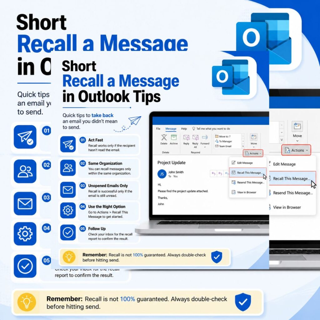 Short Outlook message recall tips infographic with email recall steps, Outlook interface, and quick email recovery guide.