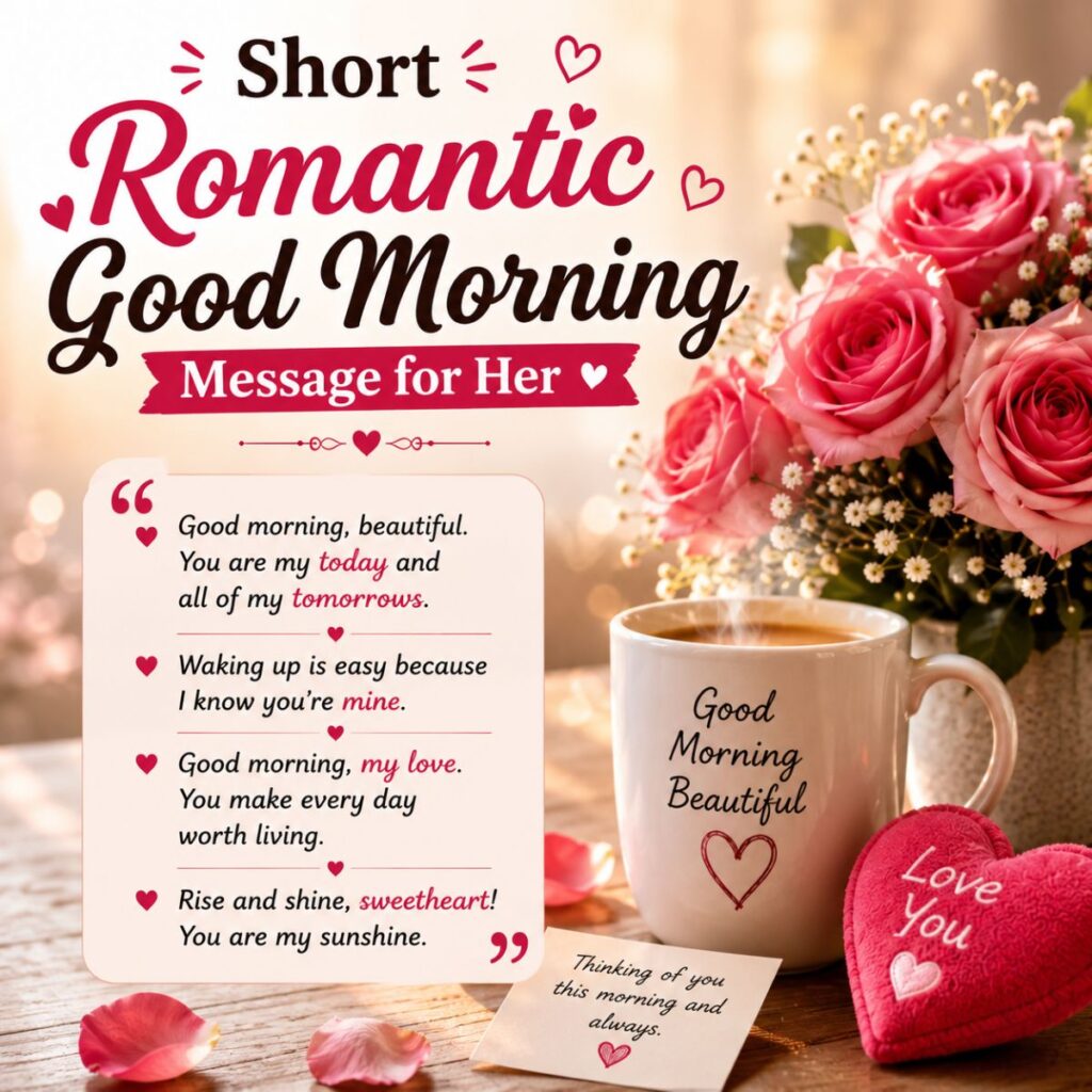 Short romantic good morning message for her with roses, coffee mug, and sweet love quotes to brighten her morning